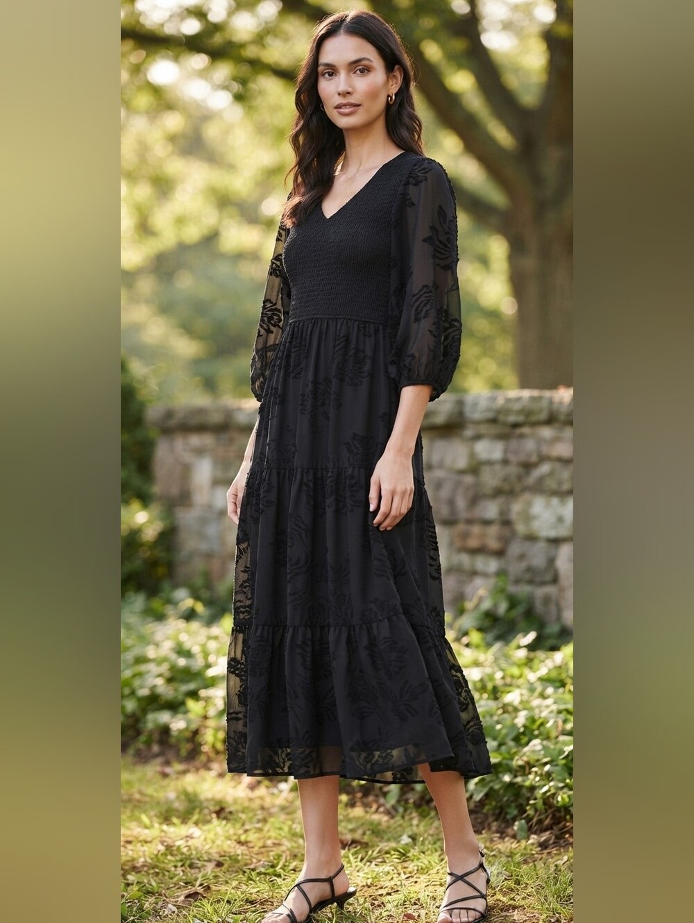 Downeast Smocked 3/4 Sheer Sleeve Midi Dress Black Sz Large